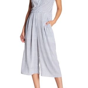 Blue and white striped jumpsuit with culotte legs